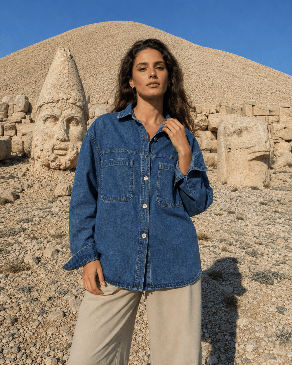  Kadın Oversize Kot Gömlek Çift Cepli Bölmeli Denim Gömlek Uzun Kollu