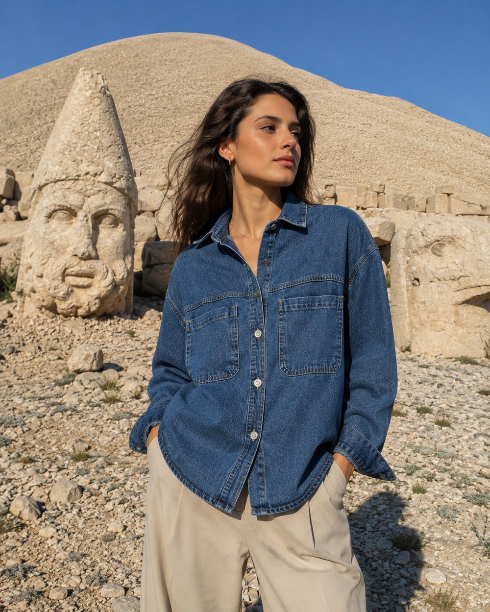  Kadın Oversize Kot Gömlek Çift Cepli Bölmeli Denim Gömlek Uzun Kollu