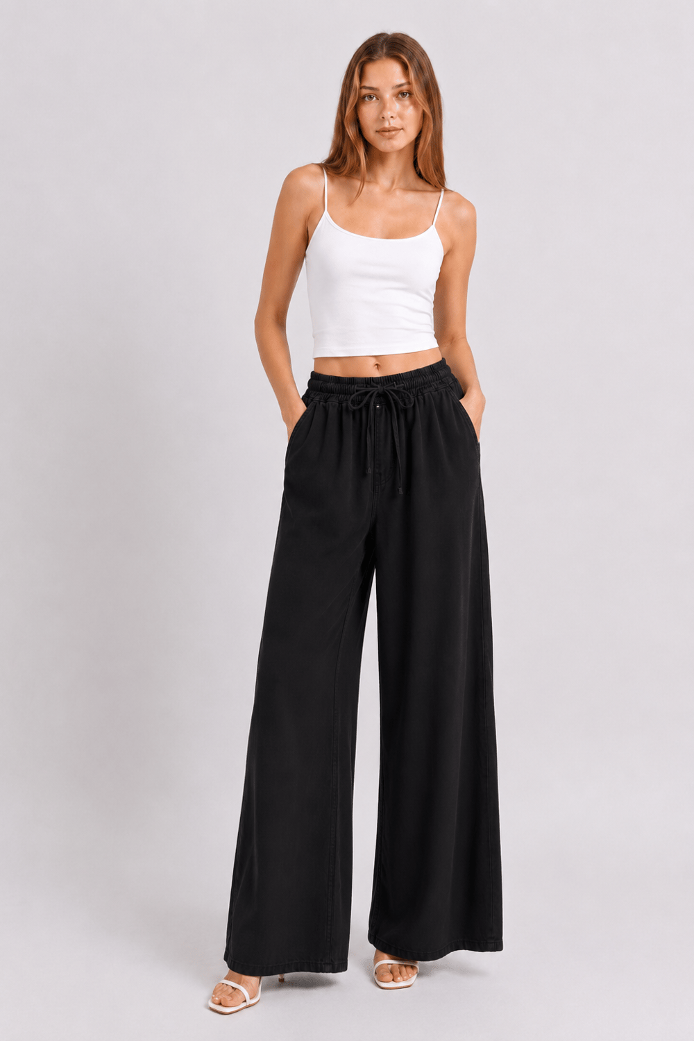 Beli Lastik Wide Leg Palazzo Kot Pantolon SİYAH