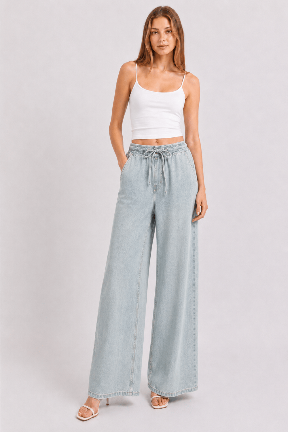 Beli Lastik Wide Leg Palazzo Kot Pantolon 