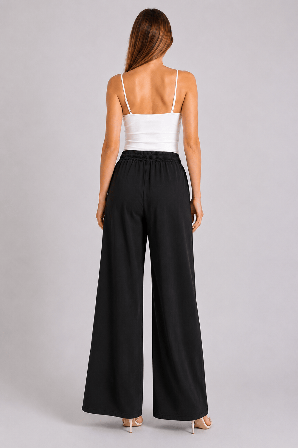 Beli Lastik Wide Leg Palazzo Kot Pantolon SİYAH
