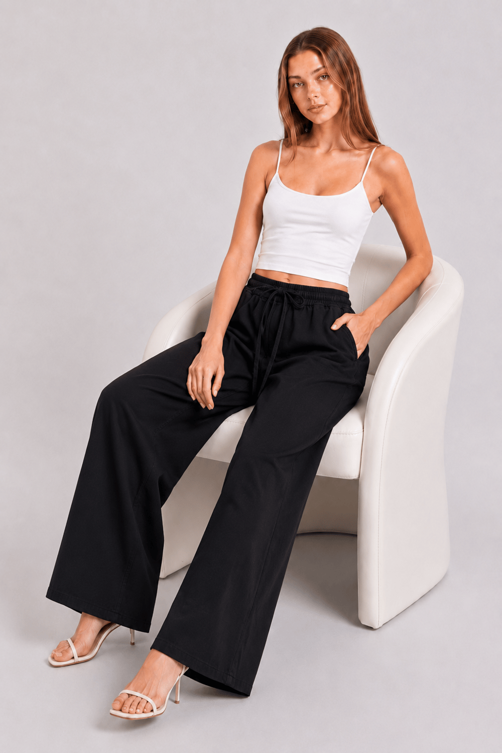 Beli Lastik Wide Leg Palazzo Kot Pantolon SİYAH