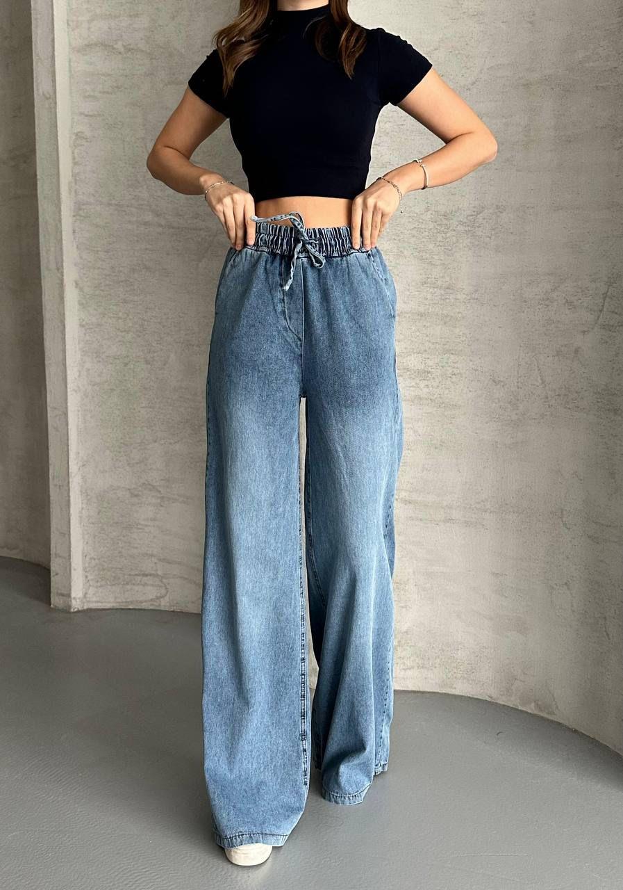 Beli Lastikli Geniş Paça Mavi Jean
