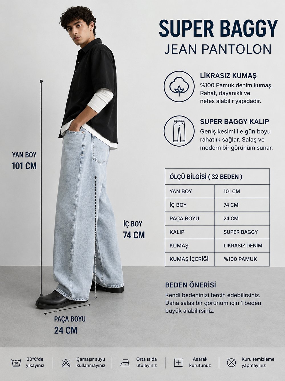 Erkek Super Baggy Jean Pantolon Bol Paça Oversize Kalıp Yıkamalı Denim Kot Pantolon