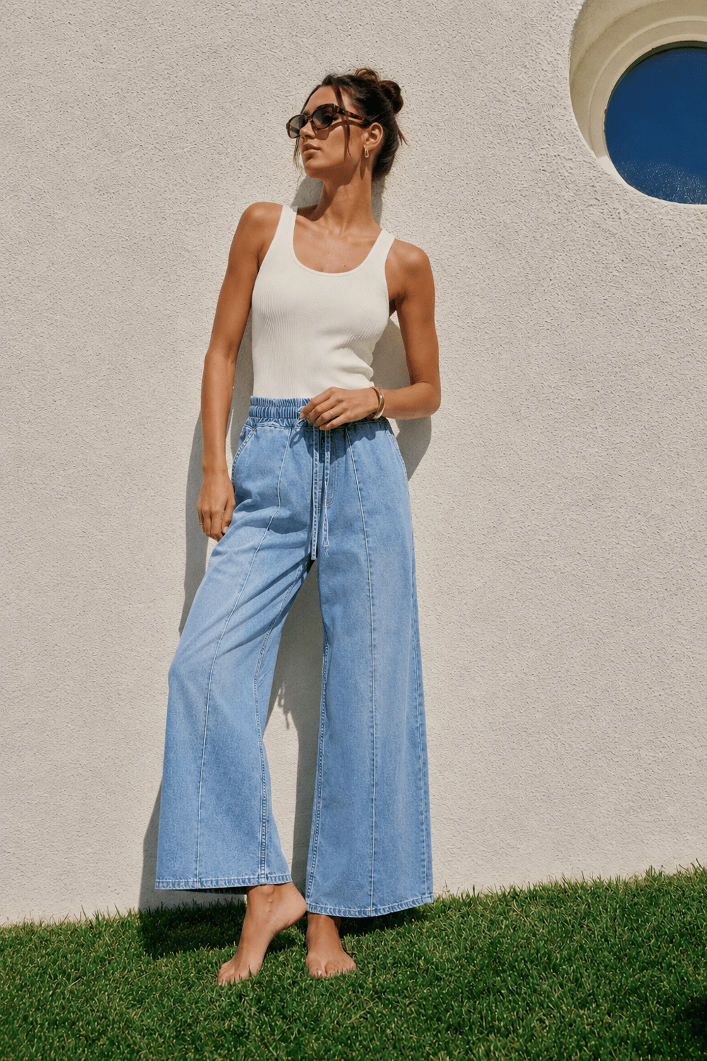 Kadın Beli Lastikli Bağcıklı Bol Paça Rahat Kesim Jean Pantolon
