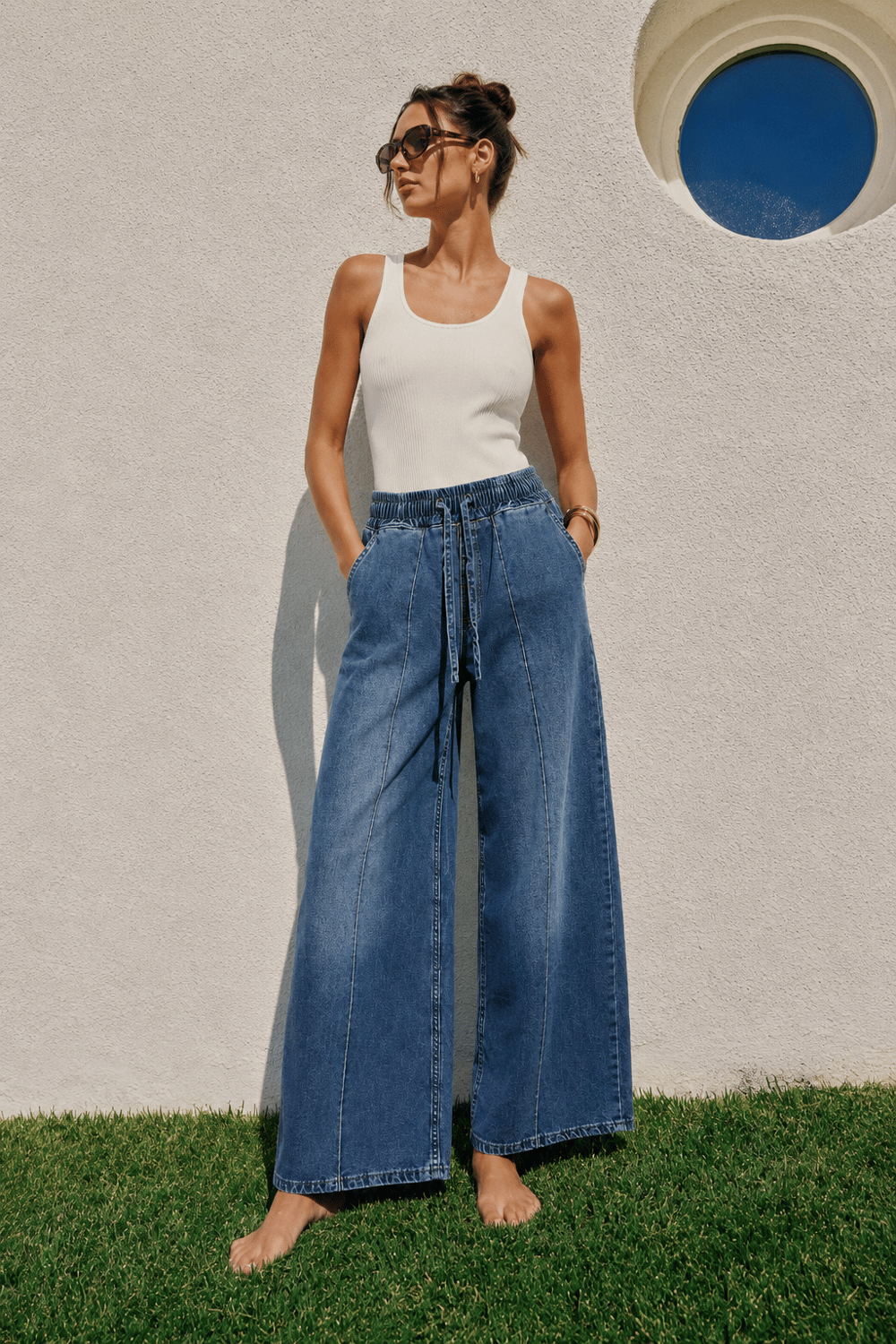 Kadın Beli Lastikli Bağcıklı Bol Paça Rahat Kesim Jean Pantolon