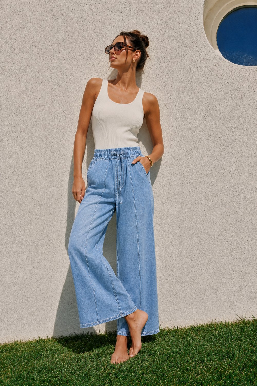 Kadın Beli Lastikli Bağcıklı Bol Paça Rahat Kesim Jean Pantolon