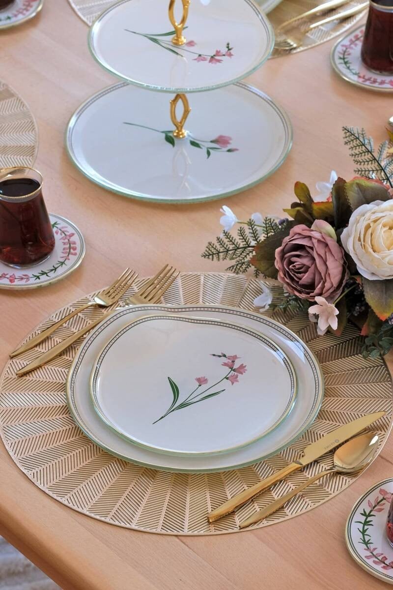 Glore Crocus Altın Yaldızlı 6 Kişilik 34 Parça Pasta Servis Takımı