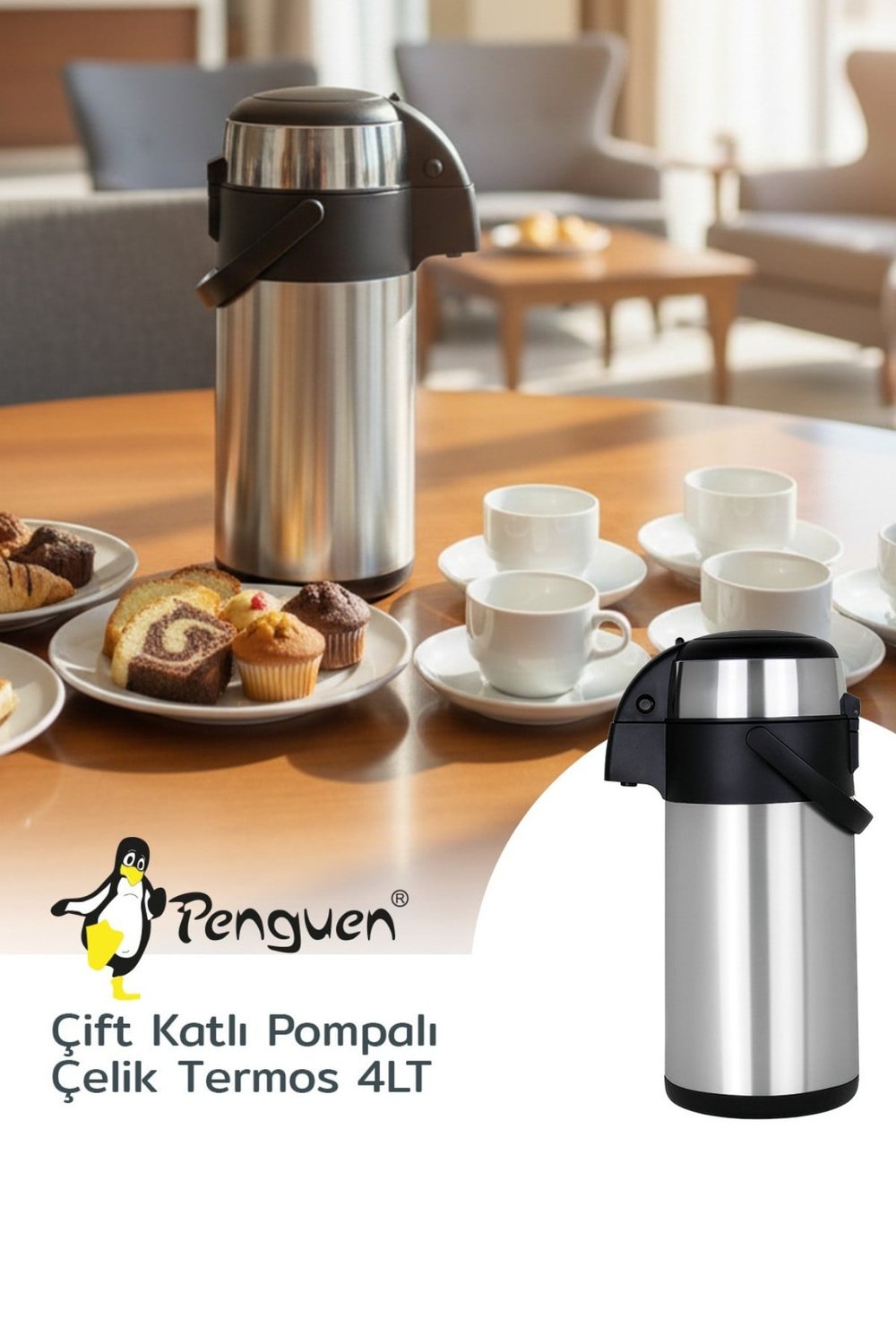 Penguen Paslanmaz Çelik Pompalı Termos 4 Litre