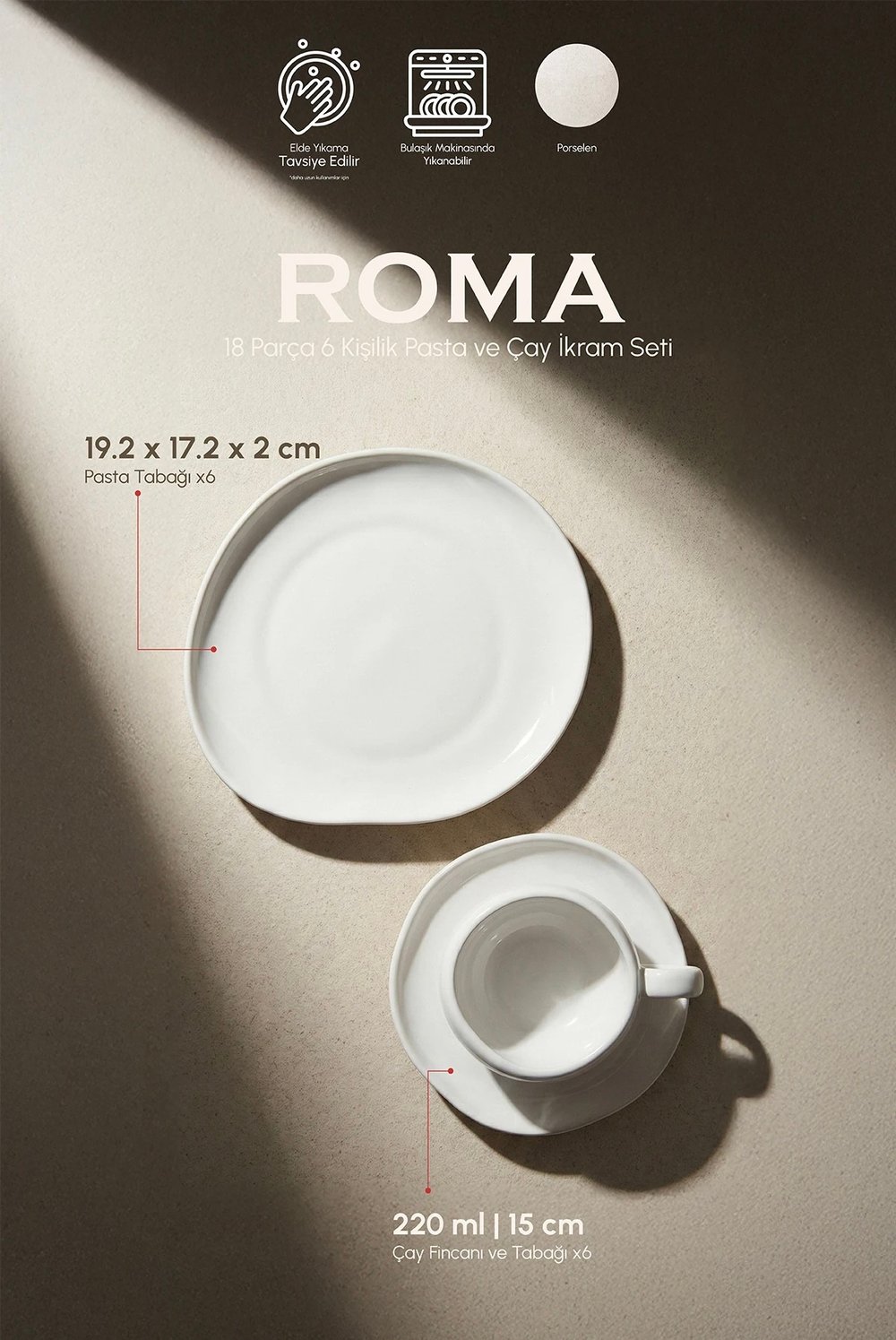Perotti Roma Beige 18 Parça Porselen Pasta ve Çay İkram Seti