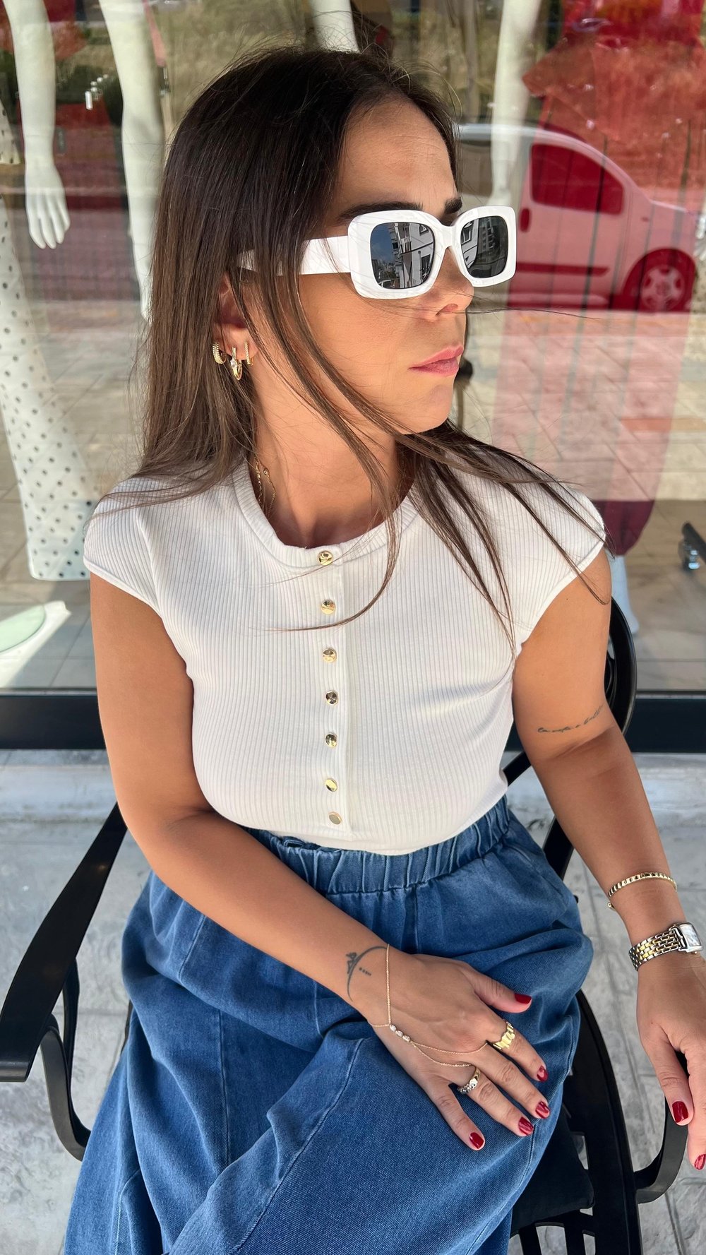 Çıtçıt Düğmeli Fitilli Beyaz T-shirt