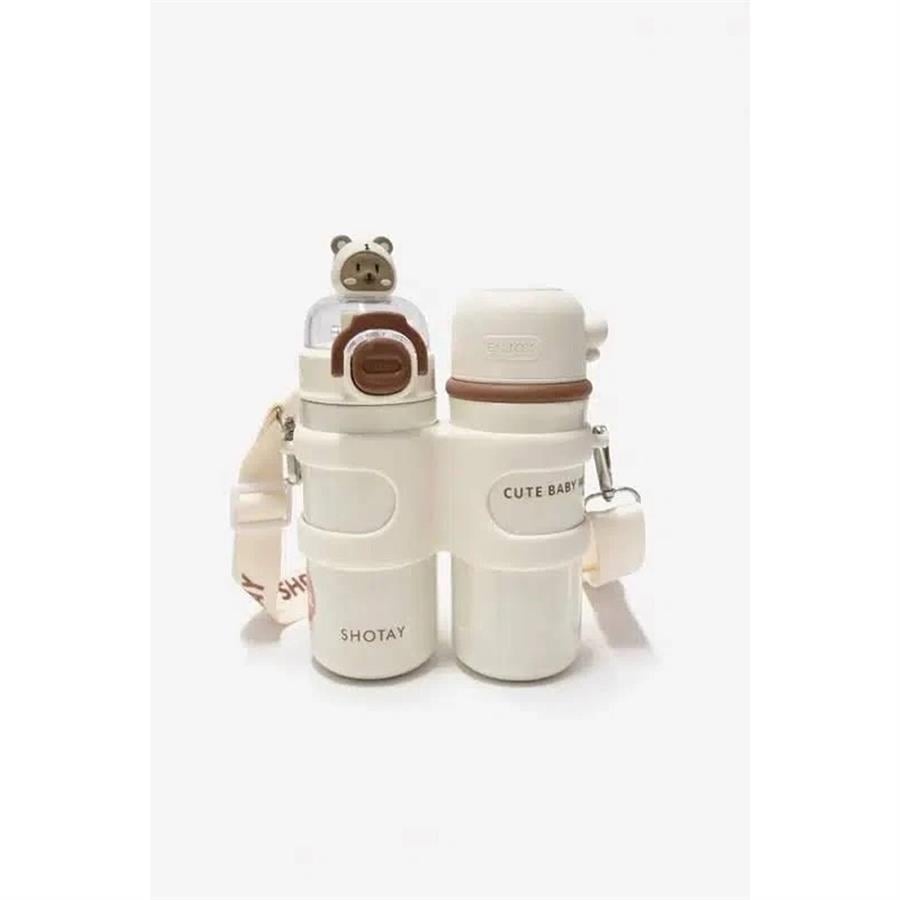 Shotay Termos Matara 330 ml + 330 ml Çift Hazneli 316 Çelik Pipetli Krem – SHT-ST-8905