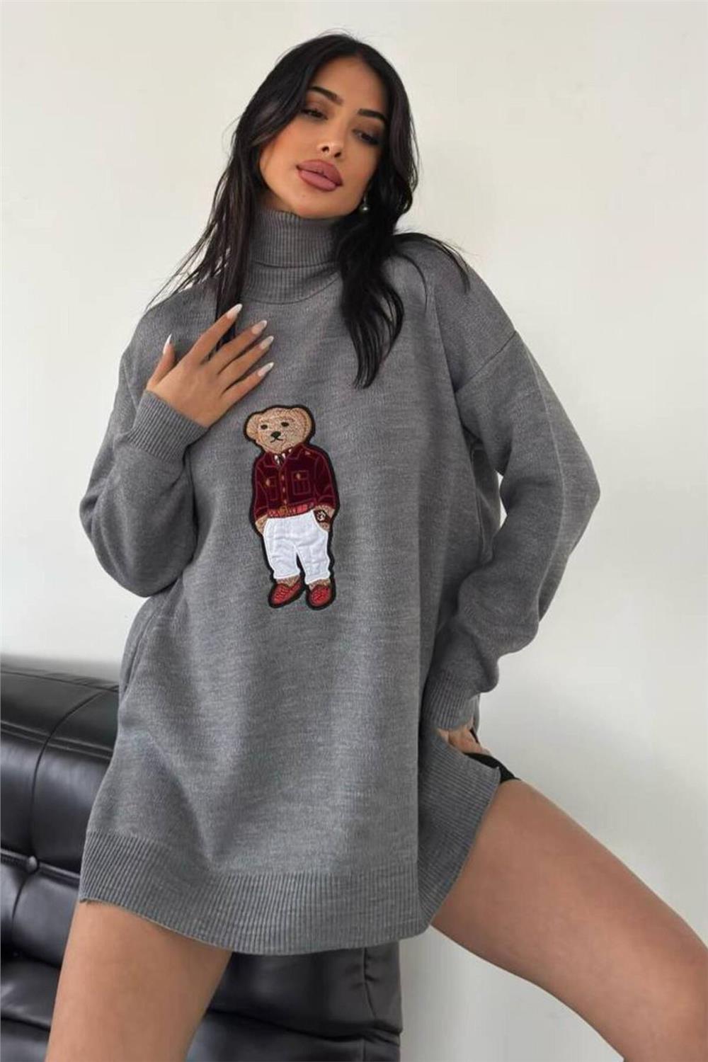 Ayıcıklı Kazak - Balıkçı Yaka Teddy Bear Aplikli Oversize Kadın Triko Kazak 650