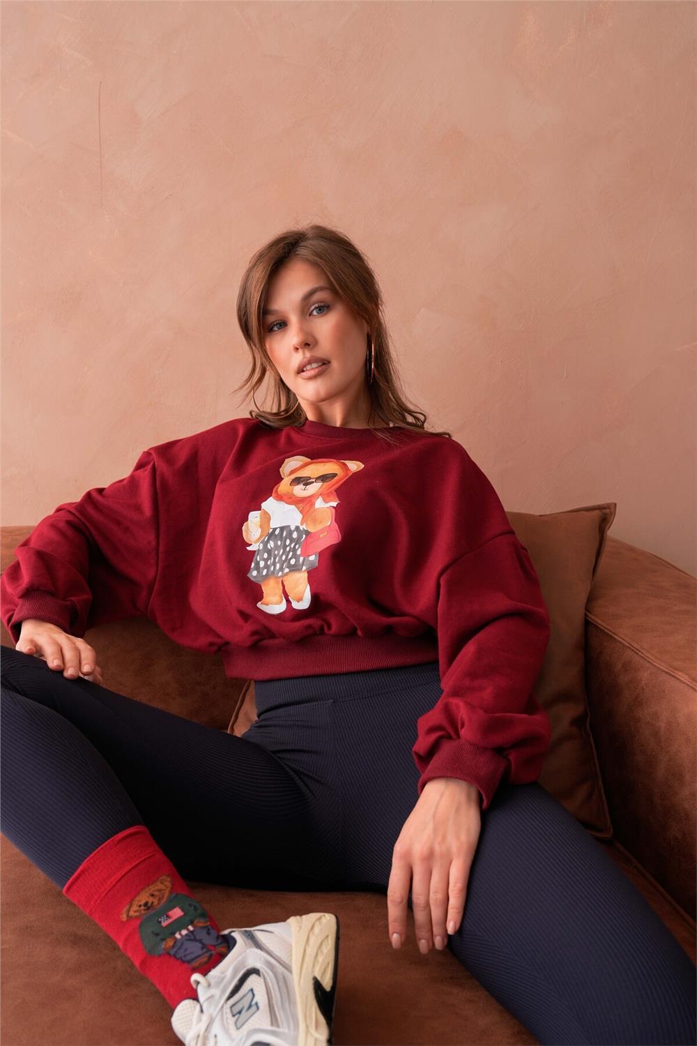 Ayıcıklı Sweatshirt Bisiklet Yaka Crop Kesim 3 İplik Şardonsuz  222