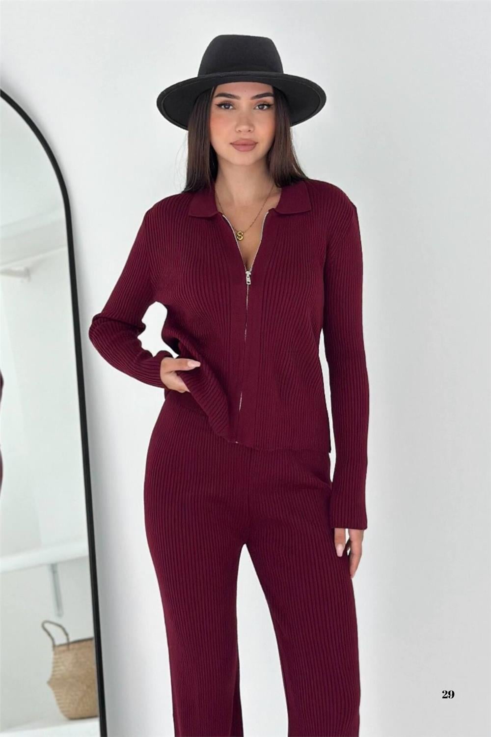 Fitilli Triko Fermuarlı Polo Yaka Hırka ve Pantolon Alt Üst İkili Takım (Siyah/Bordo/Bej/Gri)