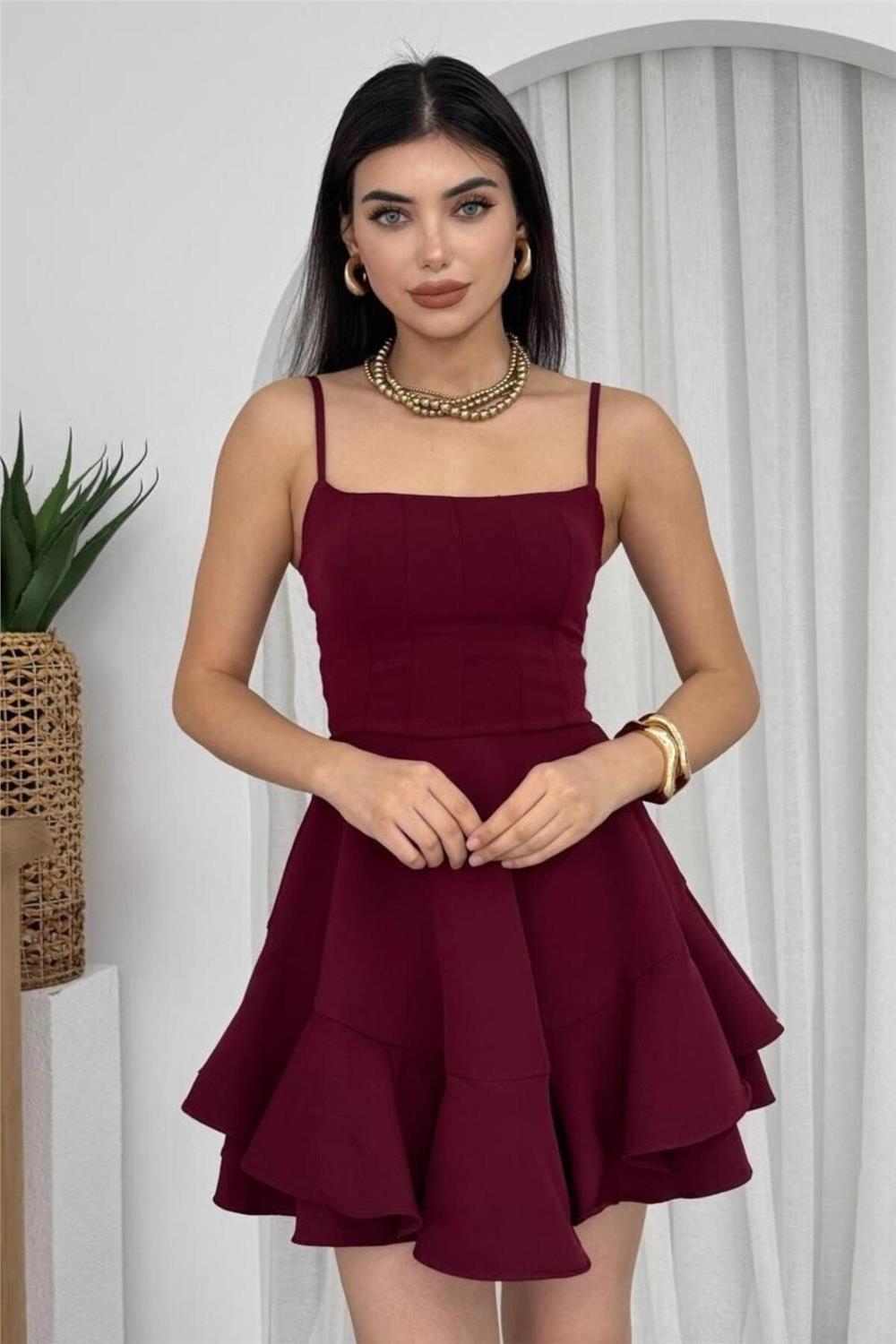 İnce Askılı Eteği Volanlı Bordo Mini Mezuniyet Elbisesi 102