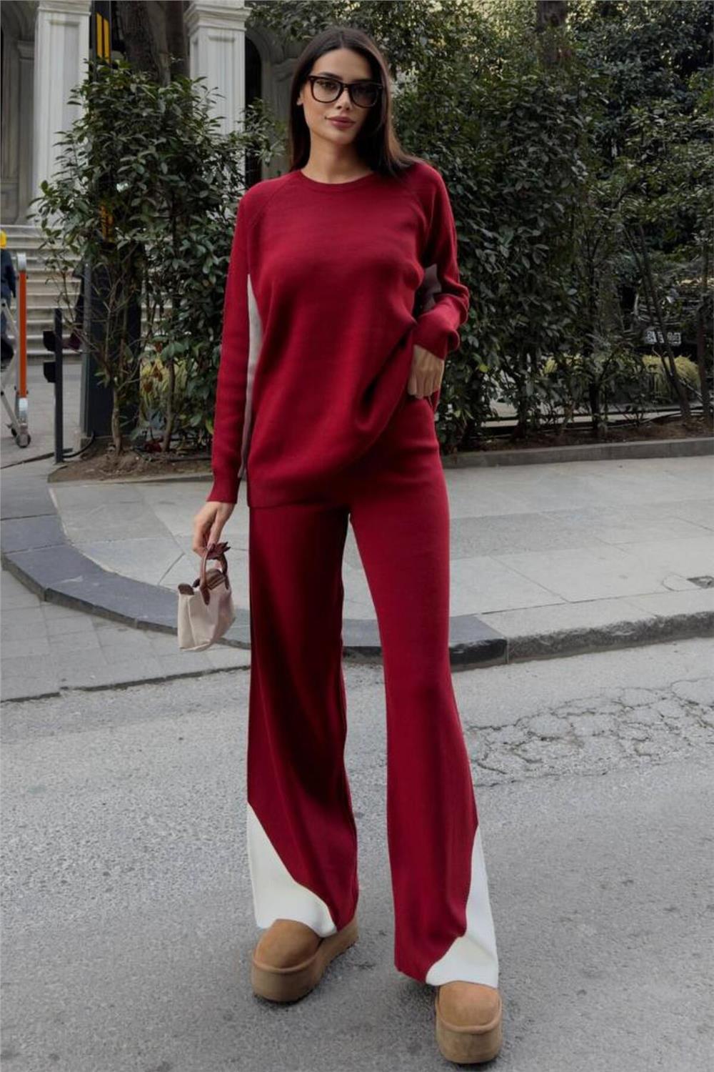 Kol ve Paçada Şerit Tasarım Oversize Beden Kazak Pantalon İkili Triko Takım 034