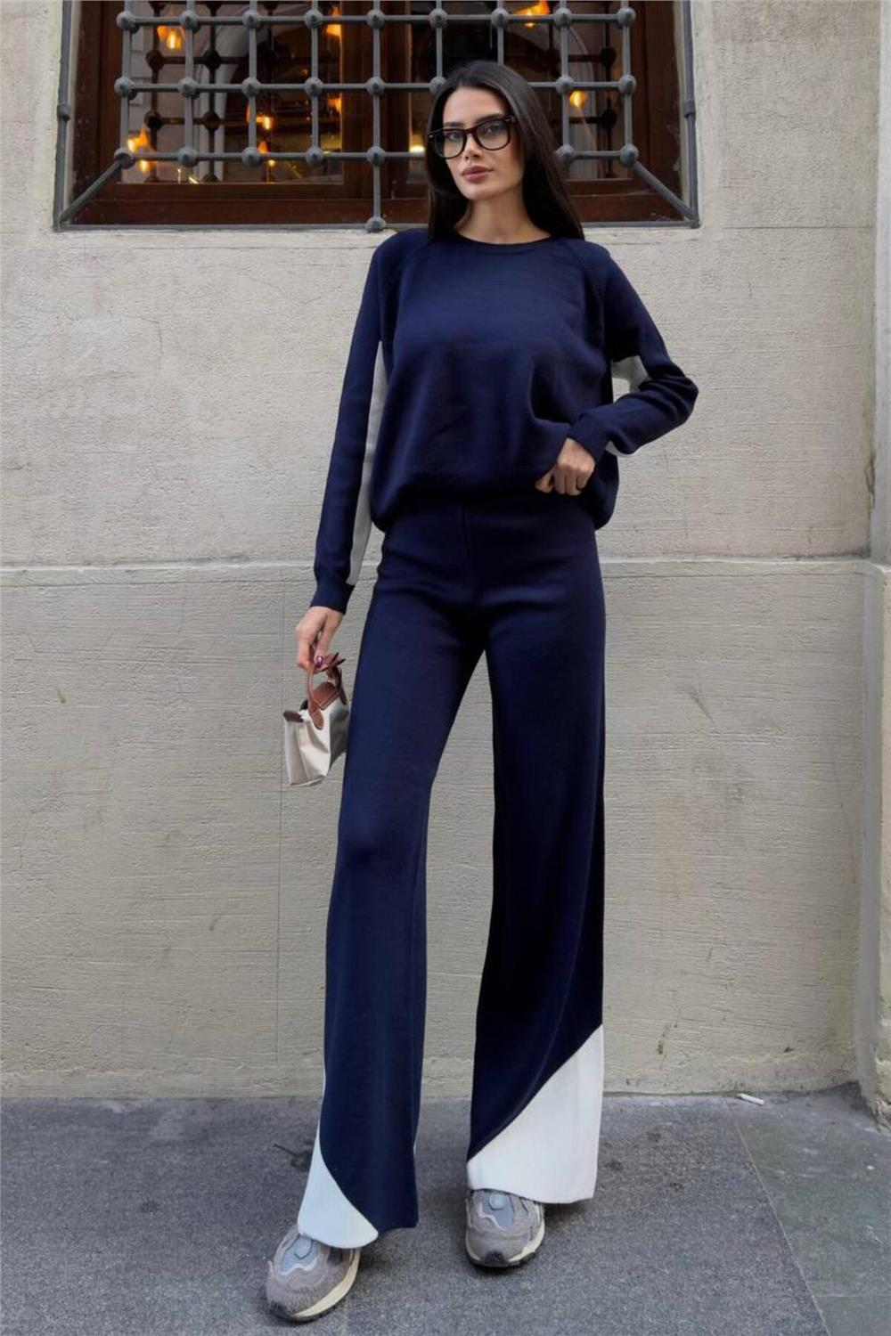 Kol ve Paçada Şerit Tasarım Oversize Beden Kazak Pantalon İkili Triko Takım 034
