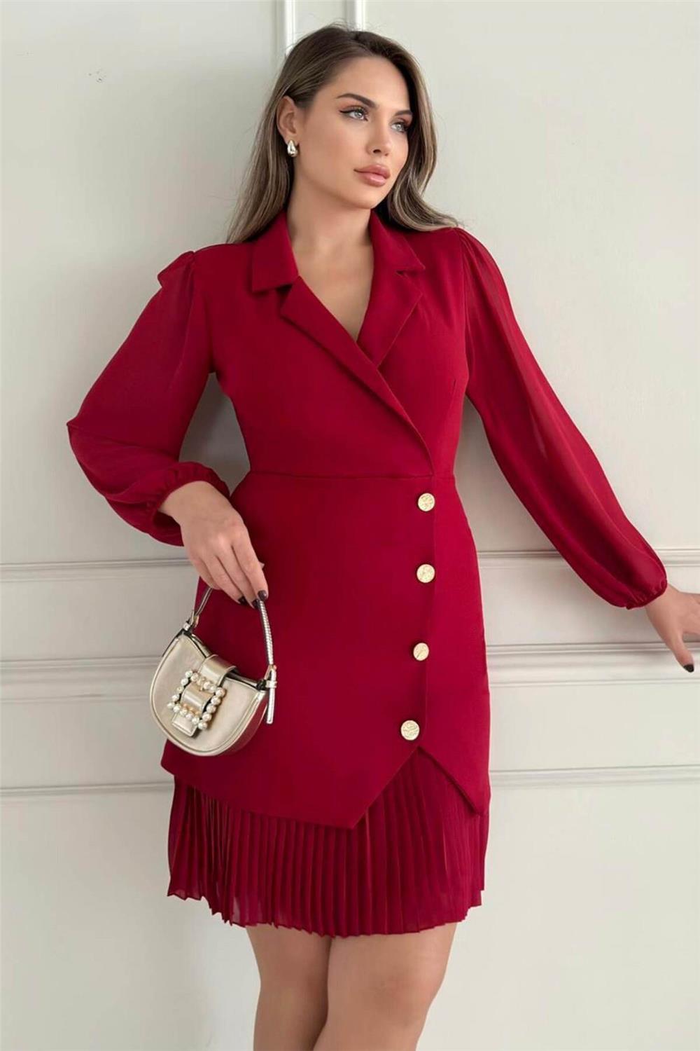 Kruvaze Blazer Şifon Uzun Kol Altın Düğmeli Plise Detaylı Midi Elbise (Kırmızı/Siyah/Kahve) 2665