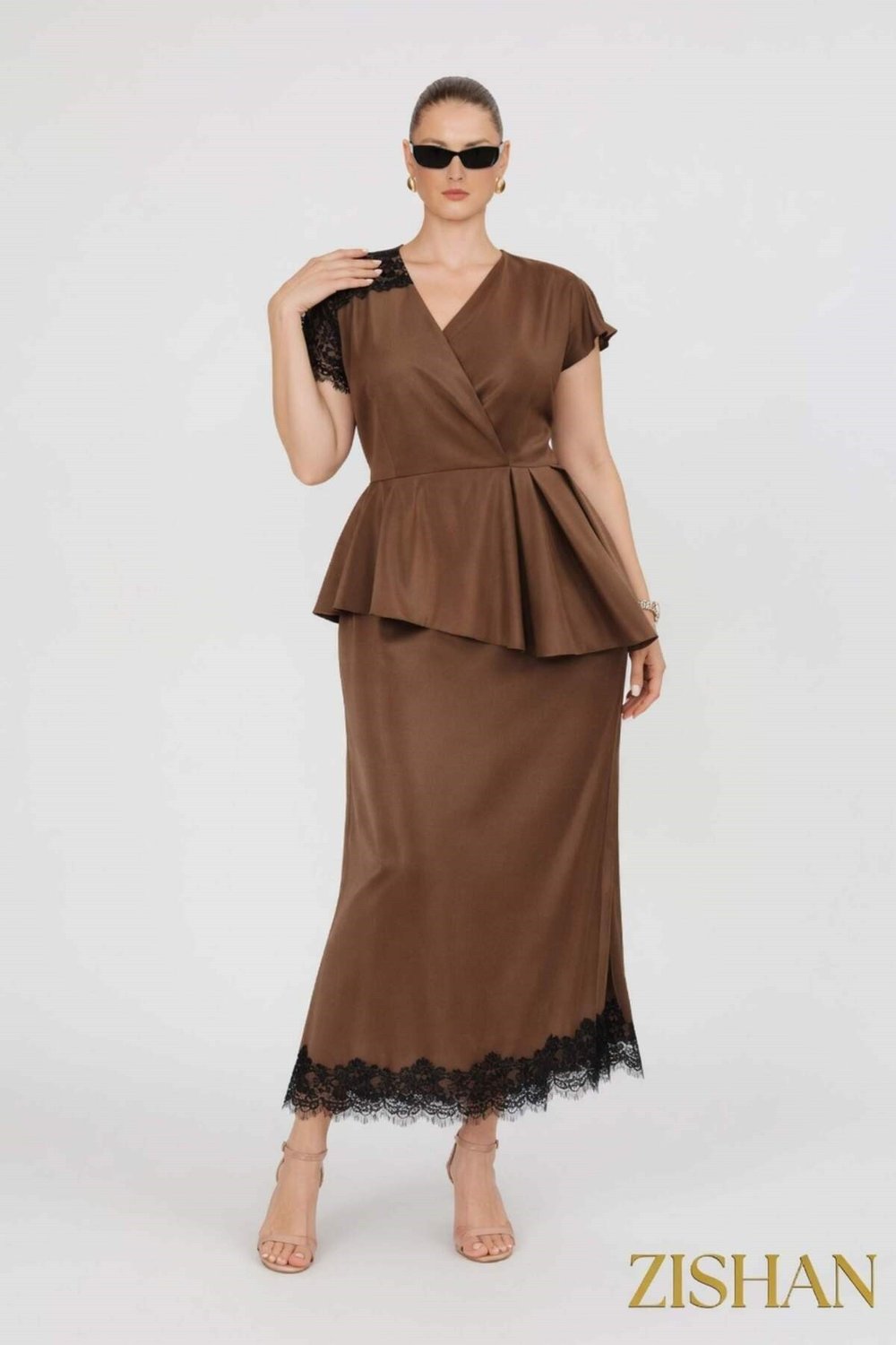 Saten Peplum Dantel Detaylı Etek Bluz İkili Büyük Beden Takım | 44-46-48-50 Beden 8402