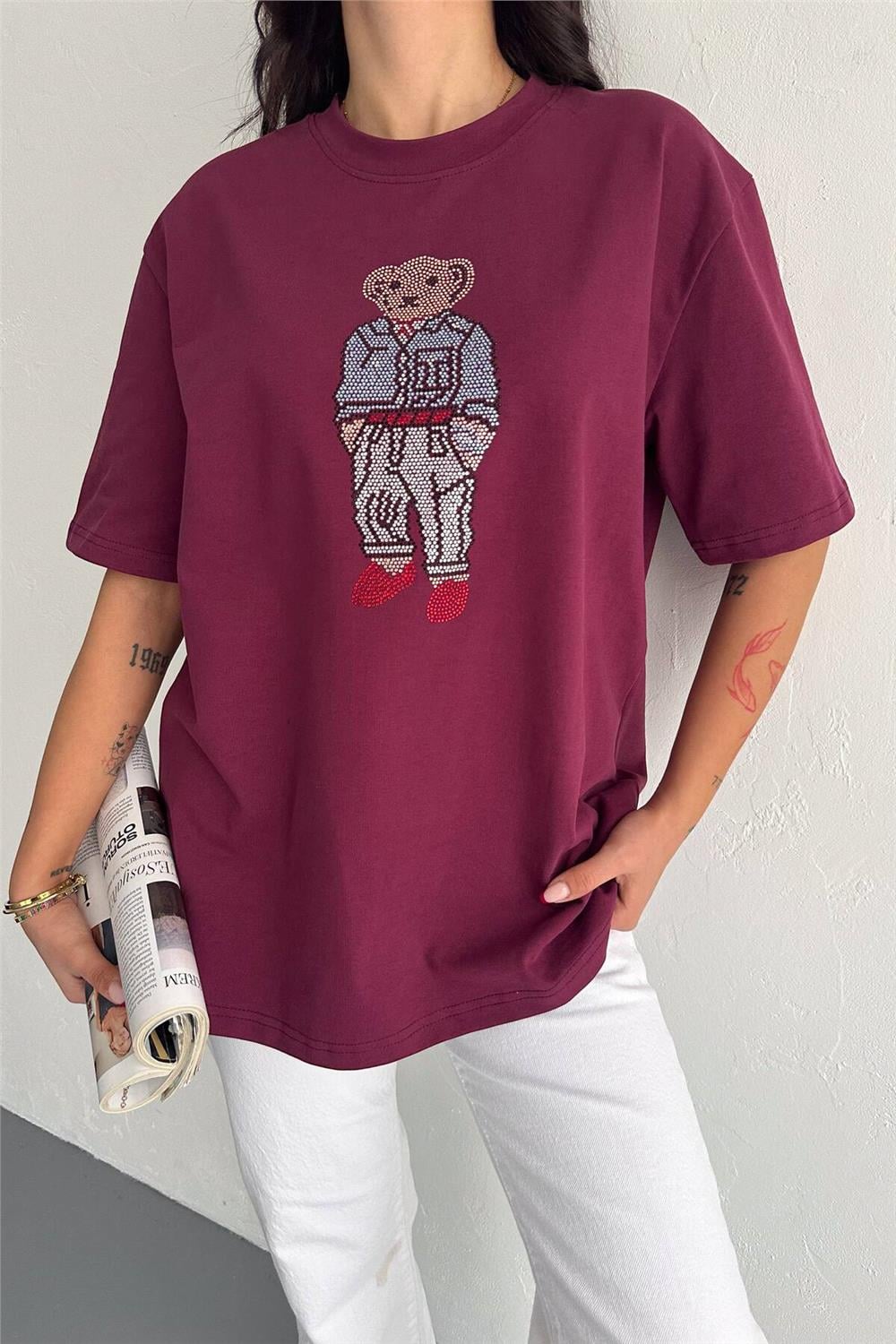 Taş İşlemeli Ayıcıklı T-Shirt  Oversize %100 Pamuk Penye 405