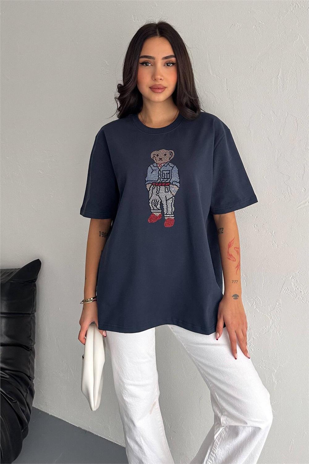 Taş İşlemeli Ayıcıklı T-Shirt  Oversize %100 Pamuk Penye 405