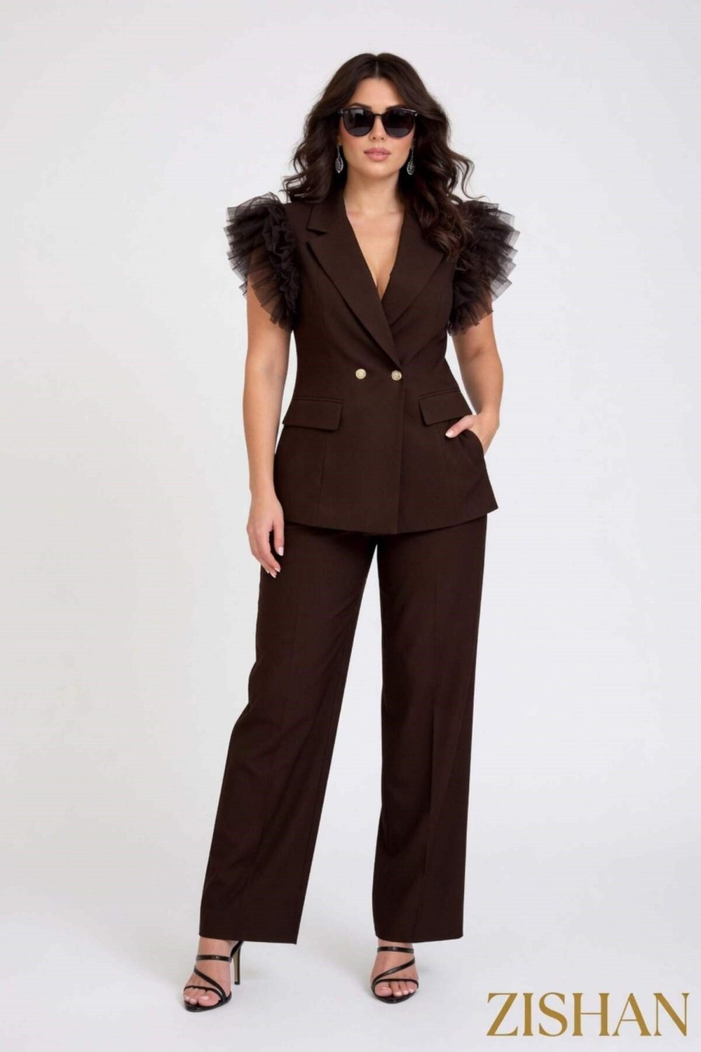 Tül Omuz Detaylı Double Breasted Ceket Pantolon Büyük Beden İkili Takım | 44-46-48-50 Beden 8390
