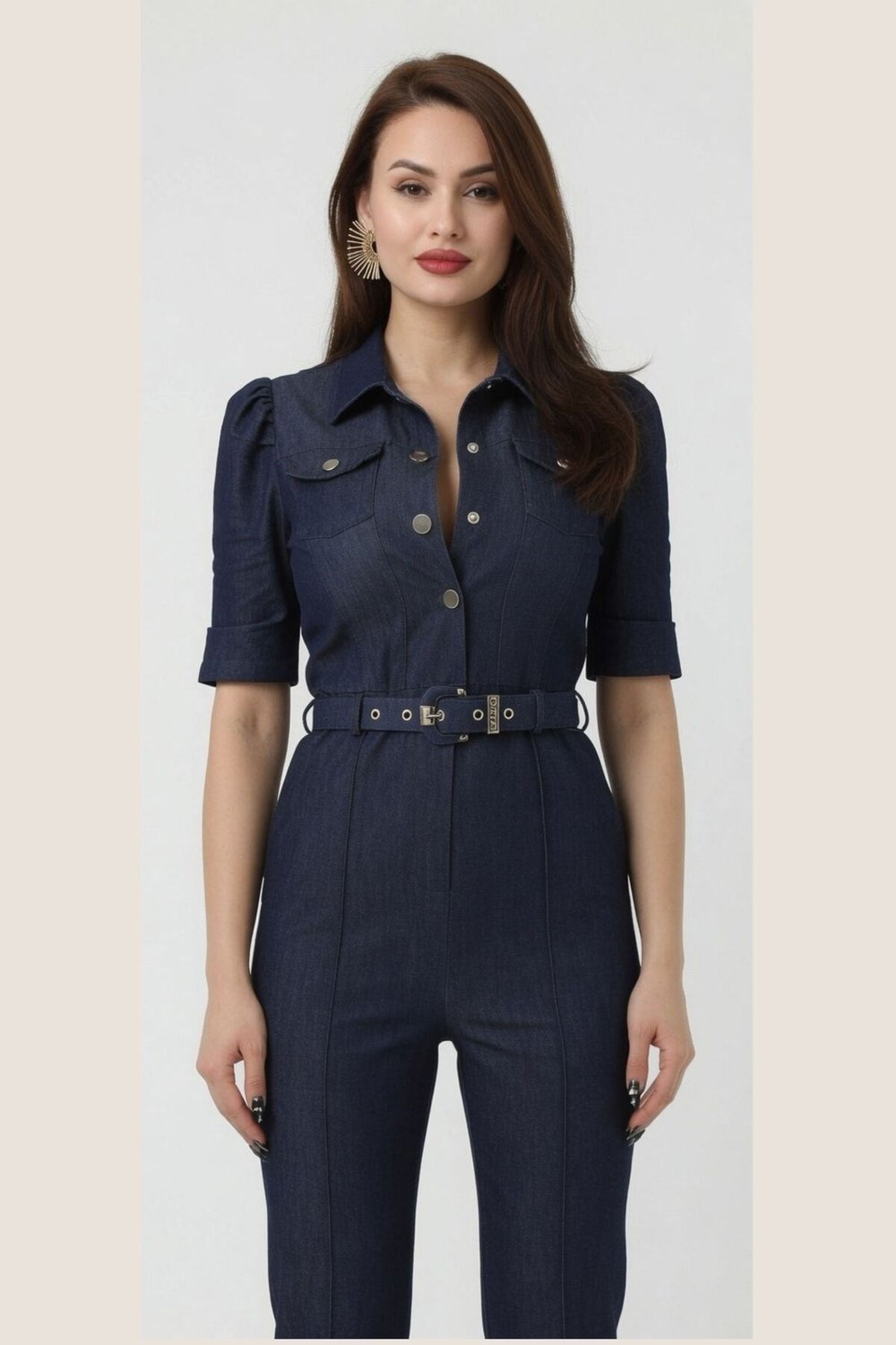 Yazlık Denim Tulum - Kemerli Fermuarlı Çıtçıt Düğmeli Kot Tulum 36-42 Beden 75024