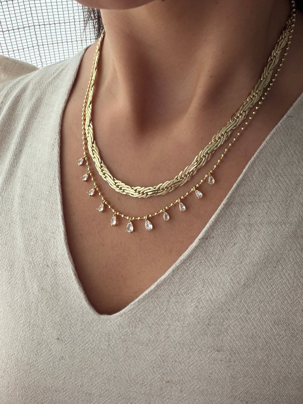 14K gold renk altın kaplama kalın örgü tasarım zincir ve zirkon taşlı sallantılı 2'li kolye seti