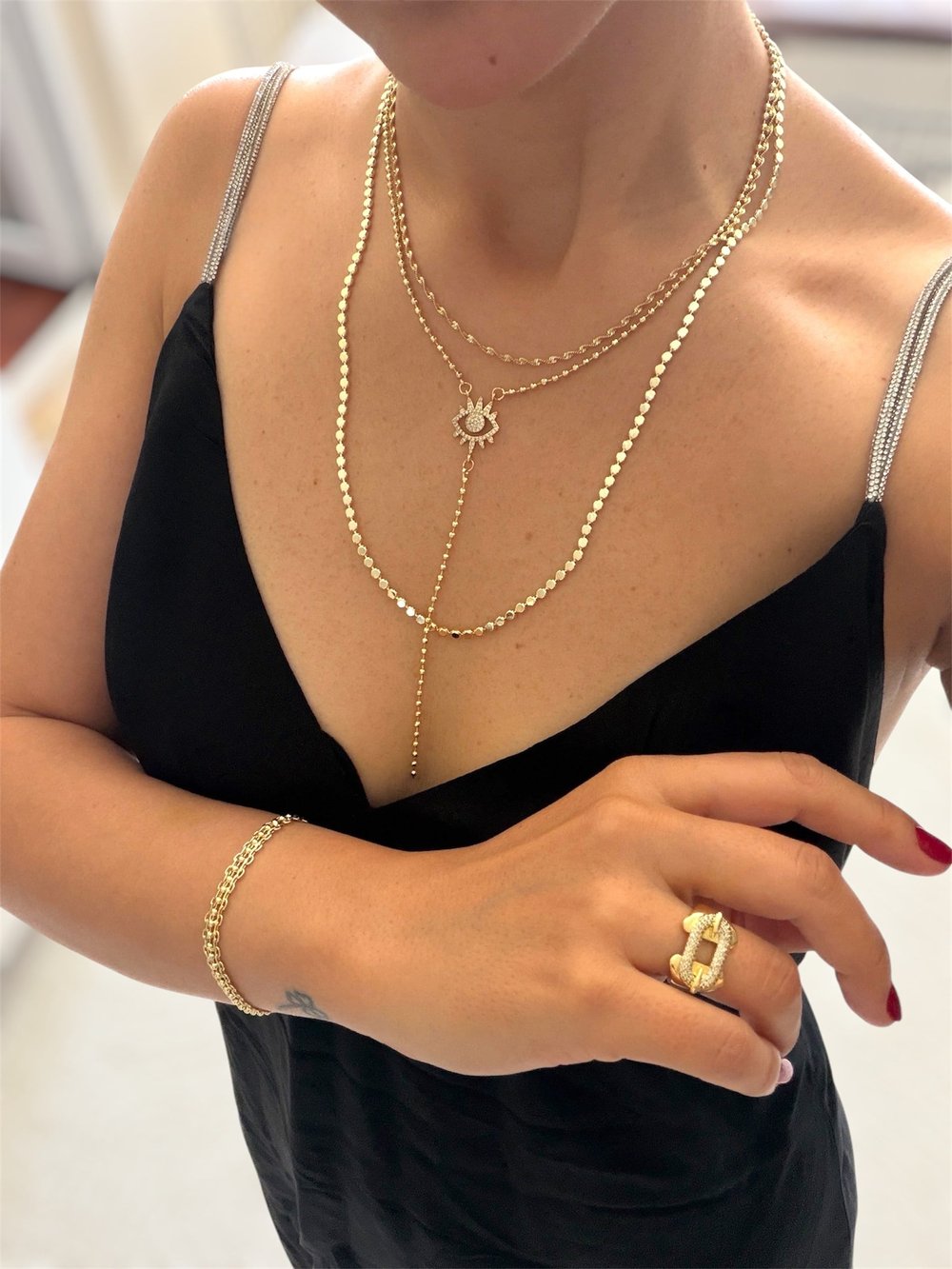 14K gold renk altın kaplama müthiş parlak ve harika tasarım 3'lü kolye seti