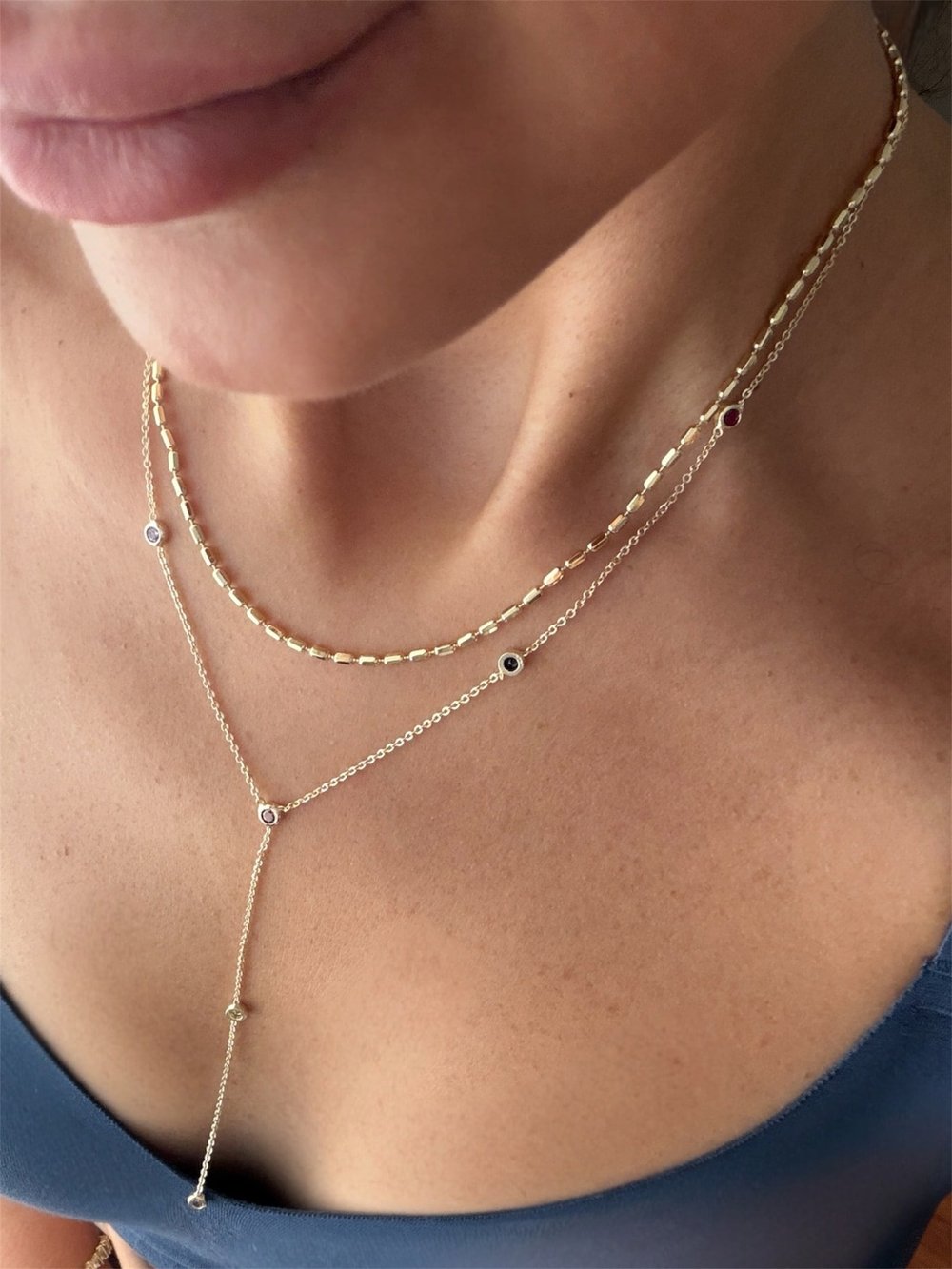 14K gold renk altın kaplama Y form dekolte kolyesi renkli taşlı ve şık zincir 2'li kolye
