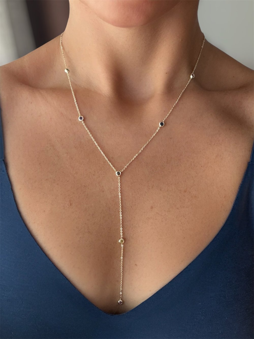 14K gold renk altın kaplama Y form dekolte kolyesi renkli taşlı