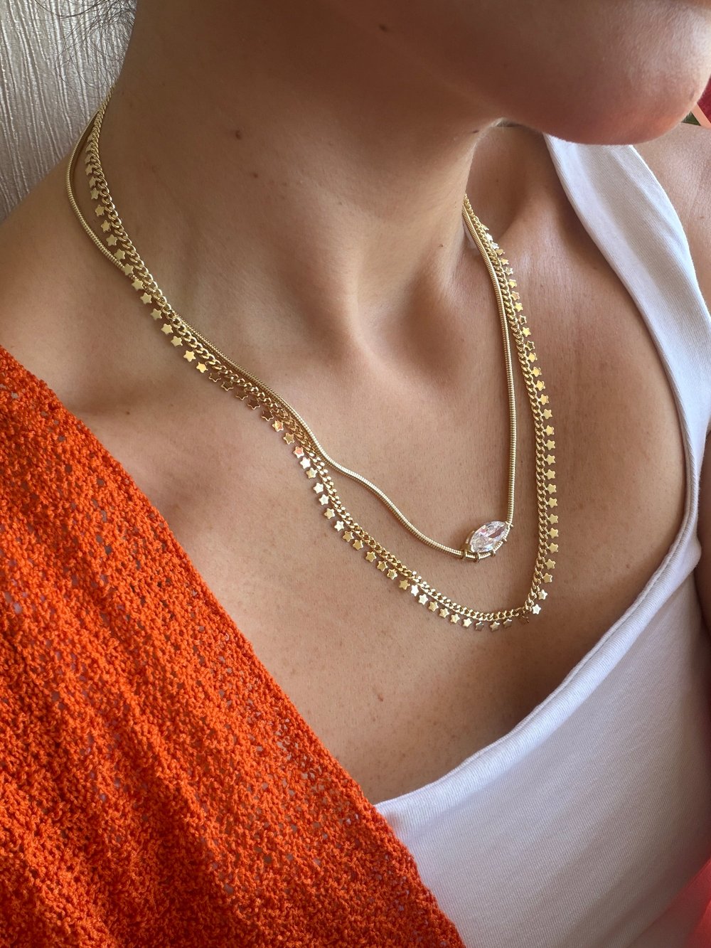 14K gold renk altın kaplama,yıldız detaylı pul kolye ve zirkon taşlı tasarım 2'li kolye seti
