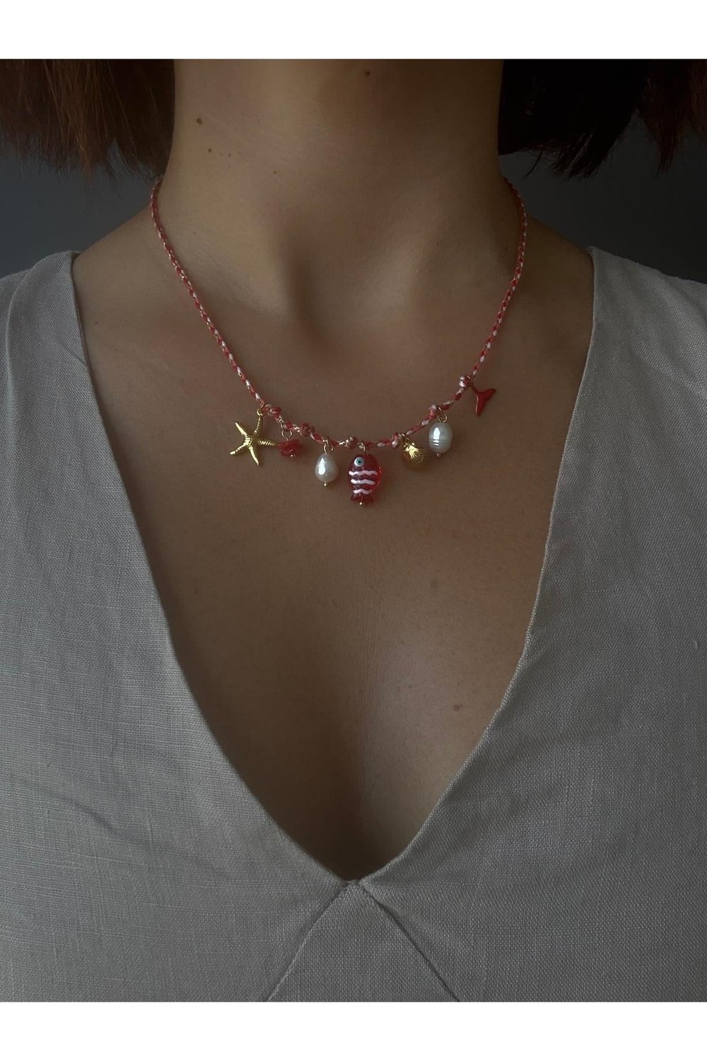 14K gold renk,Kırmızı balık yaz kolyesi,deniz kabukları,aşık olunası,çelik kolye