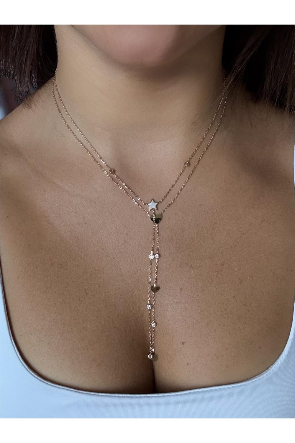 14K gold renk,yıldız mineli ve kalpli 2'li kolye