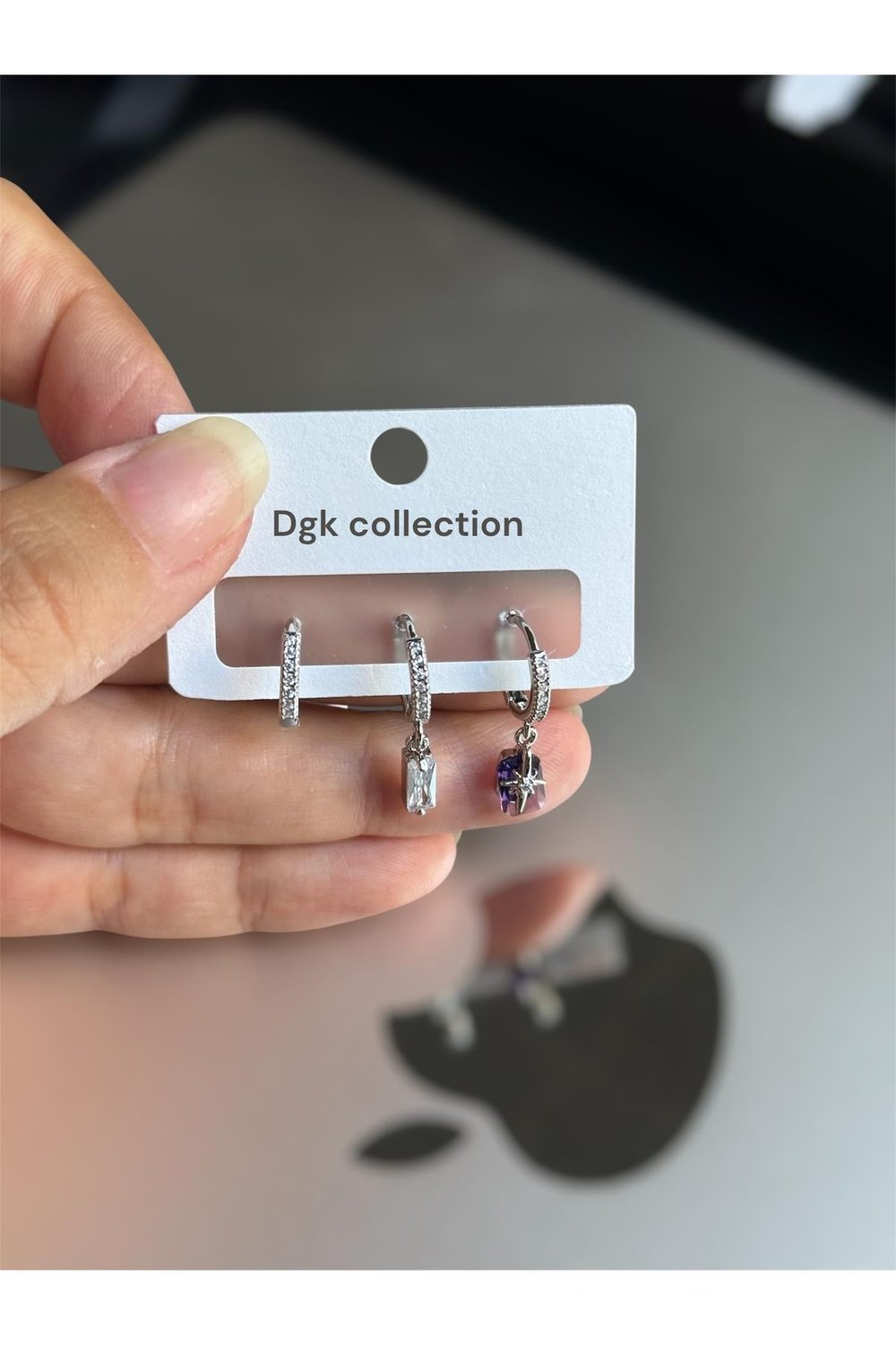 Gümüş renk premium seri,3’lü ametist ve kristal taşlı trend küpe seti