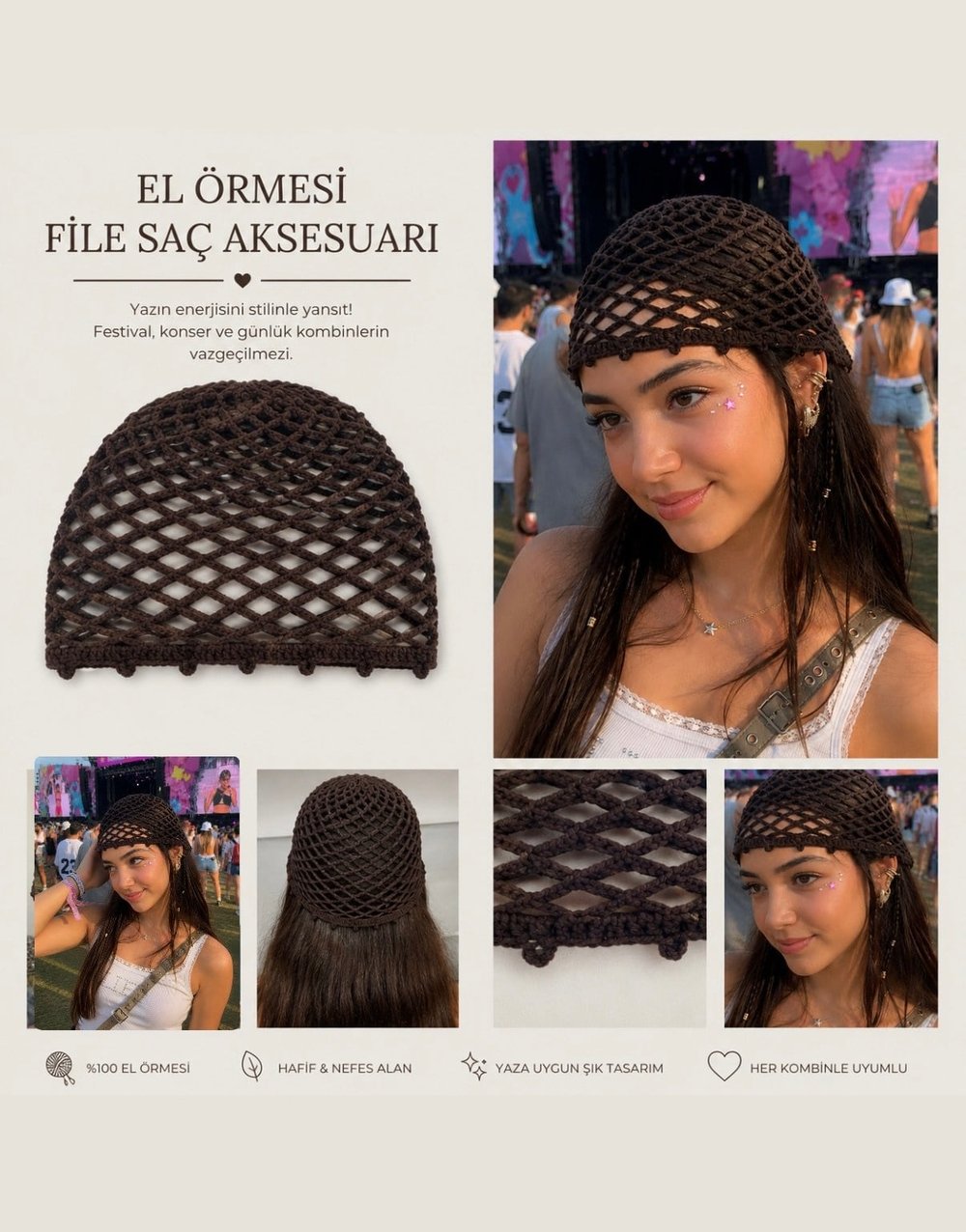 KOFİ-13/15 yaş sezonun en sevilen acı kahverenginde handmade file saç aksesuarı