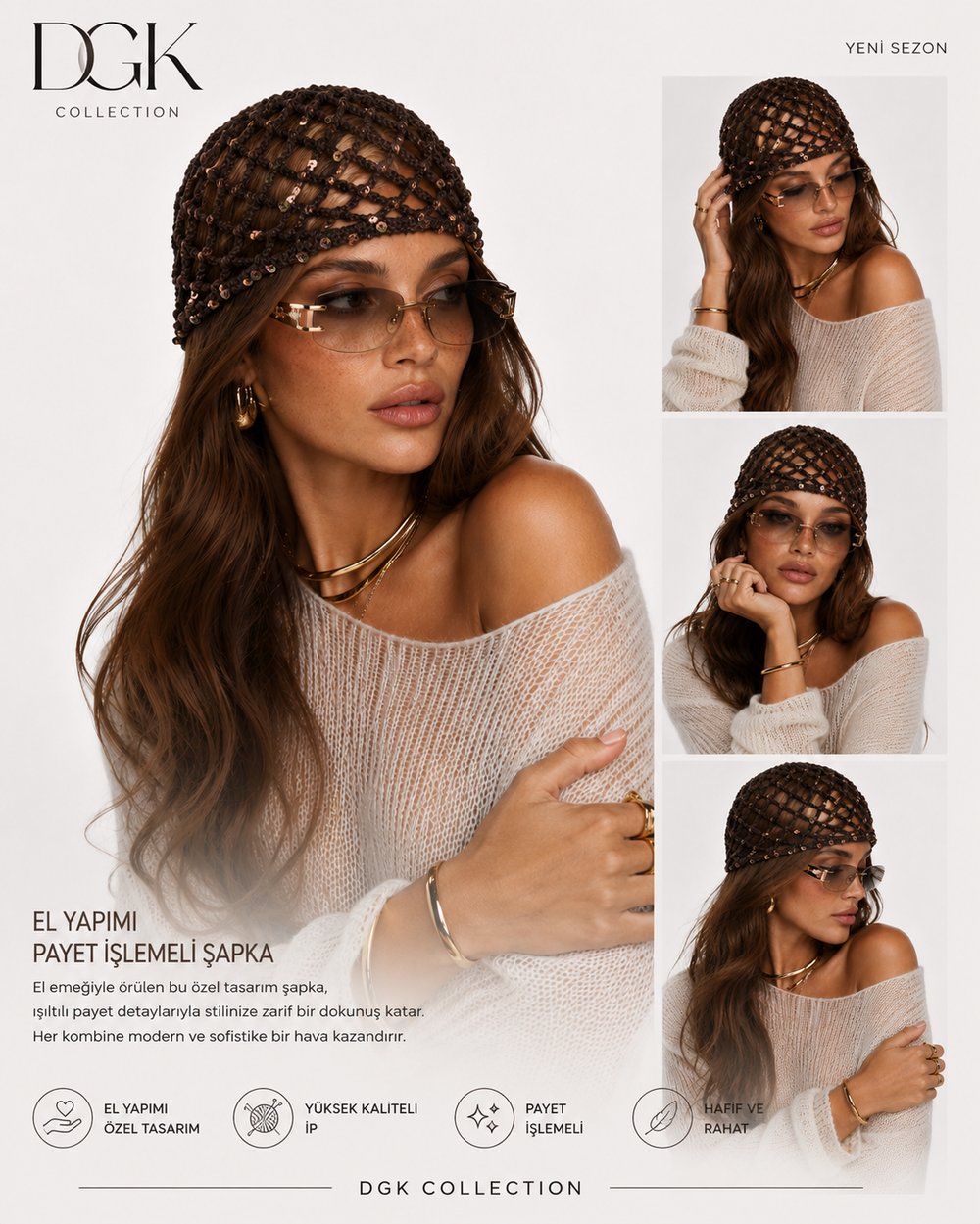 LORİ-Kahverengi pul payetli handmade file saç aksesuarı