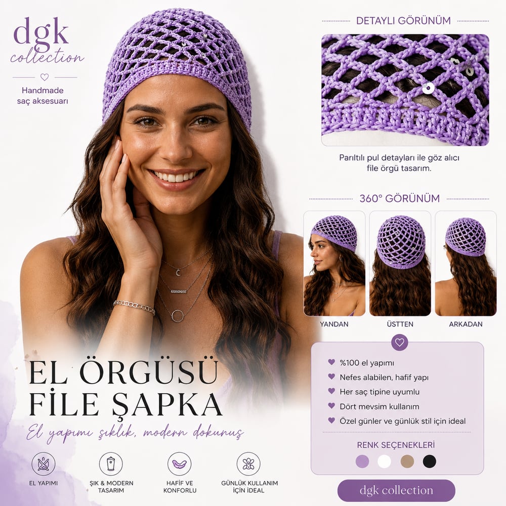 LORİ-Lila rengi pul payetli ve lurex parlak ipi olan handmade file saç aksesuarı