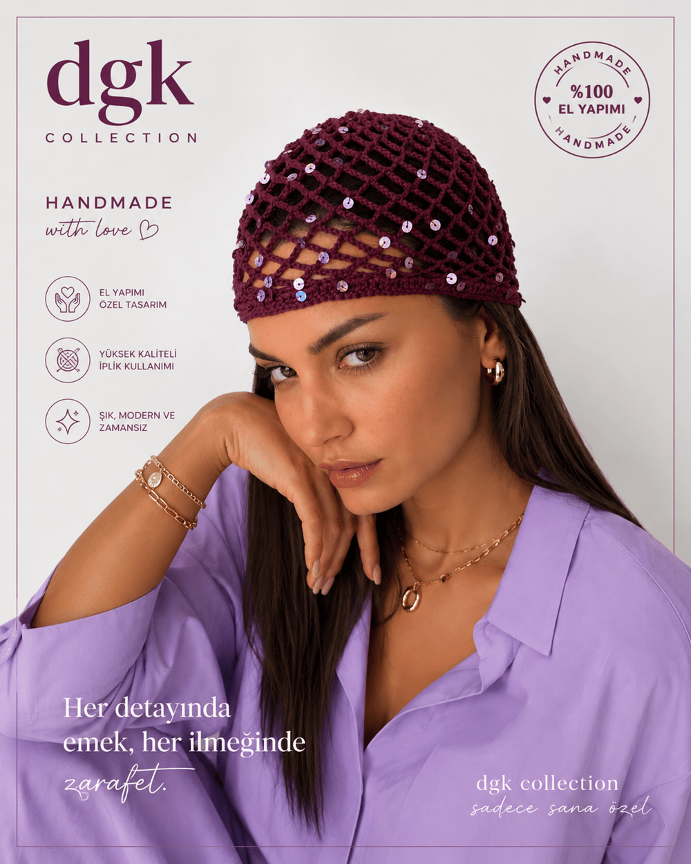 LORİ-Mürdüm rengi lila pul payetli handmade file saç aksesuarı