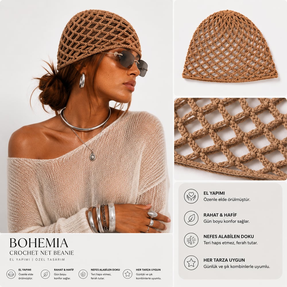 OTİ-Camel rengi günlük kullanıma uygun handmade file saç aksesuarı
