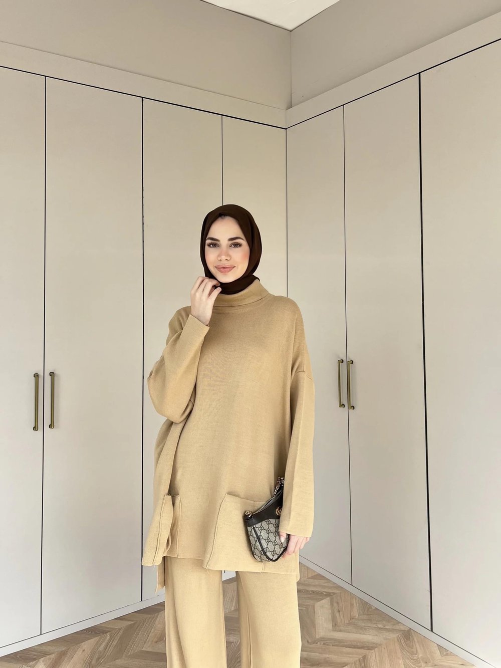 Cep Detaylı Triko Takım - Camel