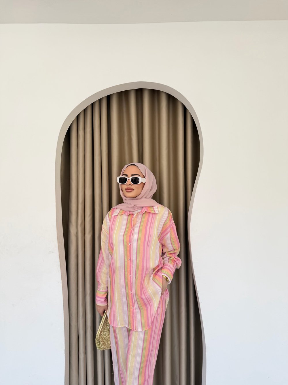 Ala Renkli Keten Takım - Pembe