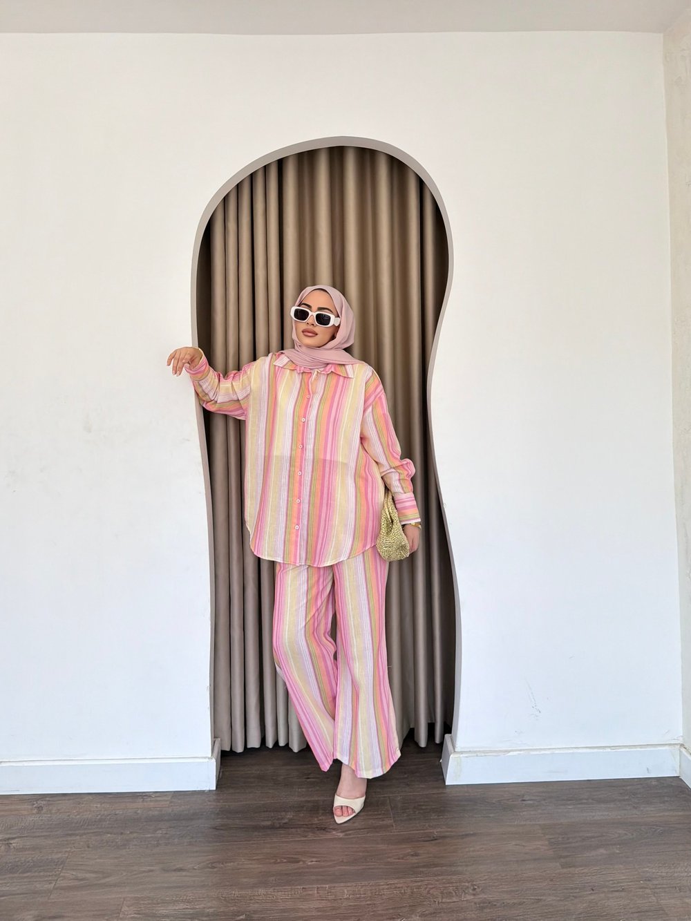 Ala Renkli Keten Takım - Pembe