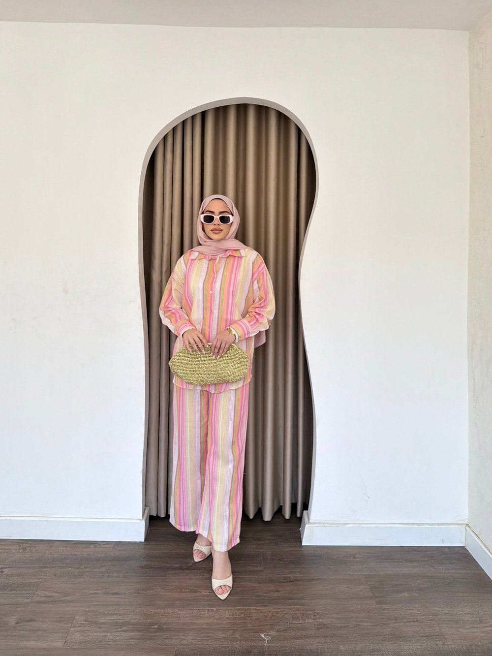 Ala Renkli Keten Takım - Pembe