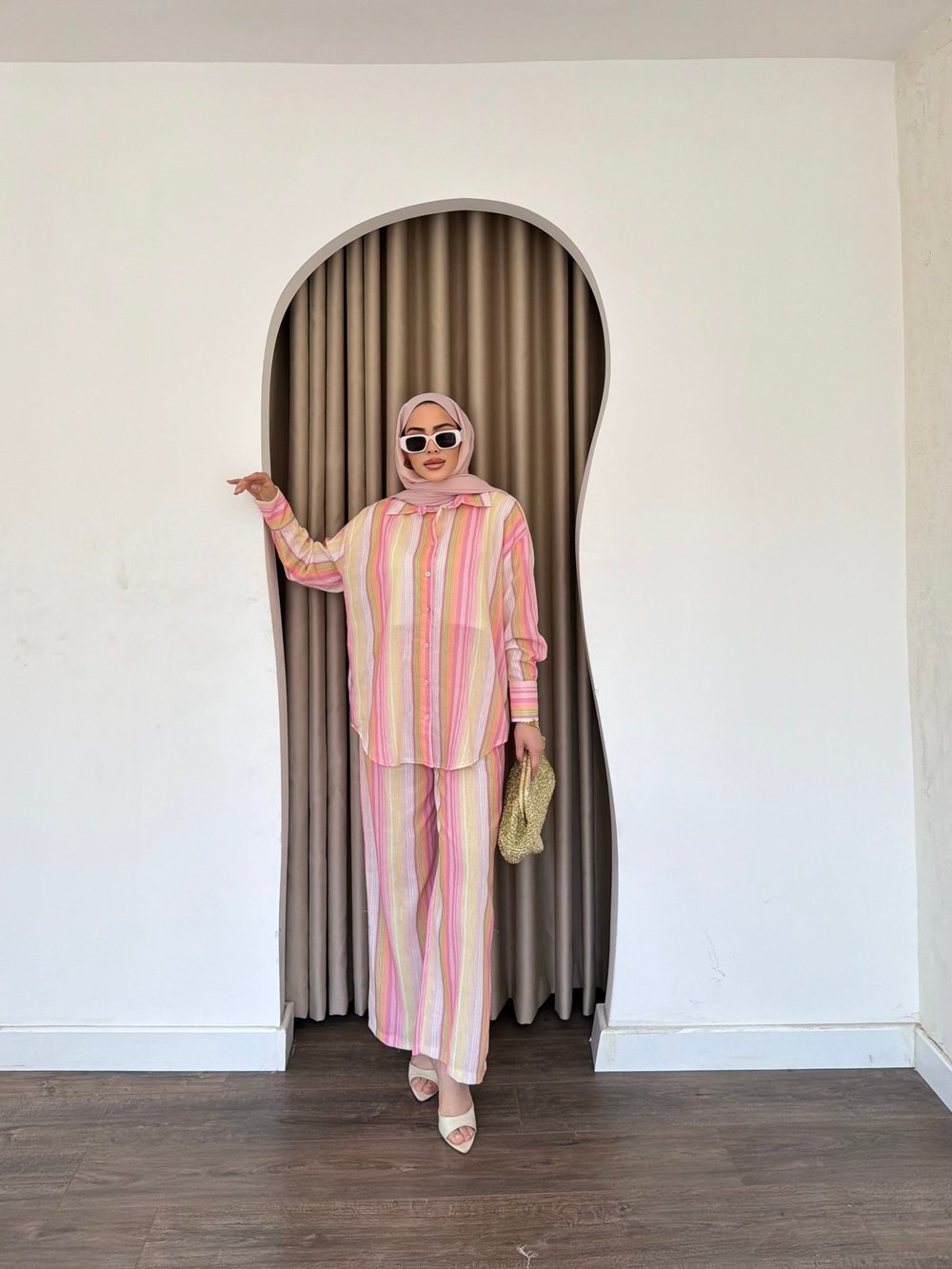 Ala Renkli Keten Takım - Pembe
