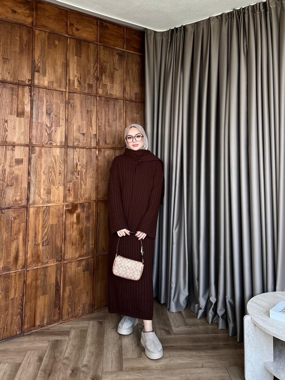 Atkılı Triko Elbise - Acı Kahve