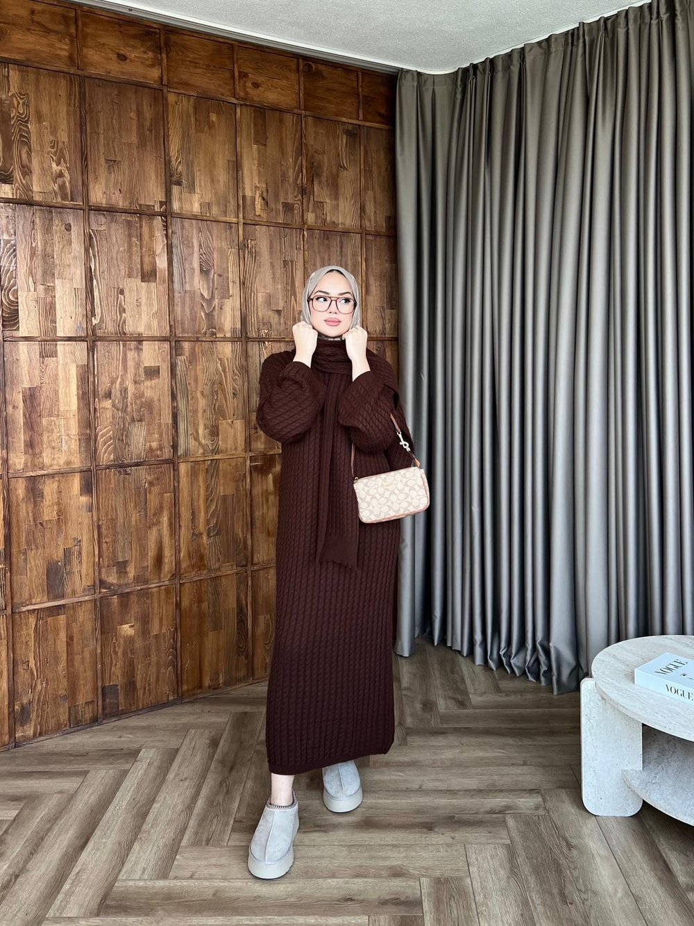 Atkılı Triko Elbise - Acı Kahve