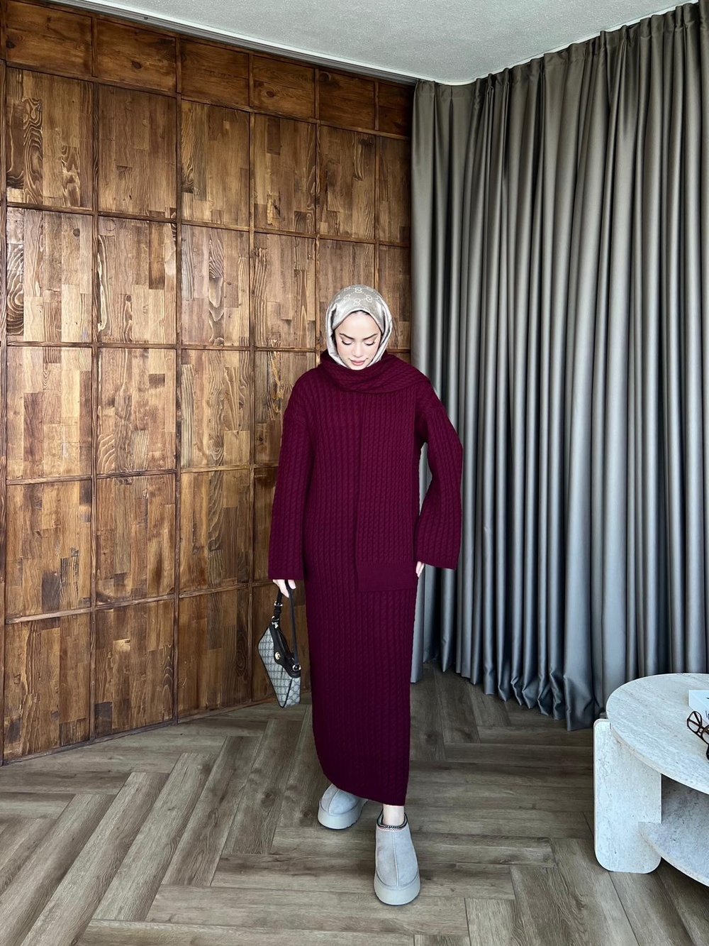 Atkılı Triko Elbise - Bordo