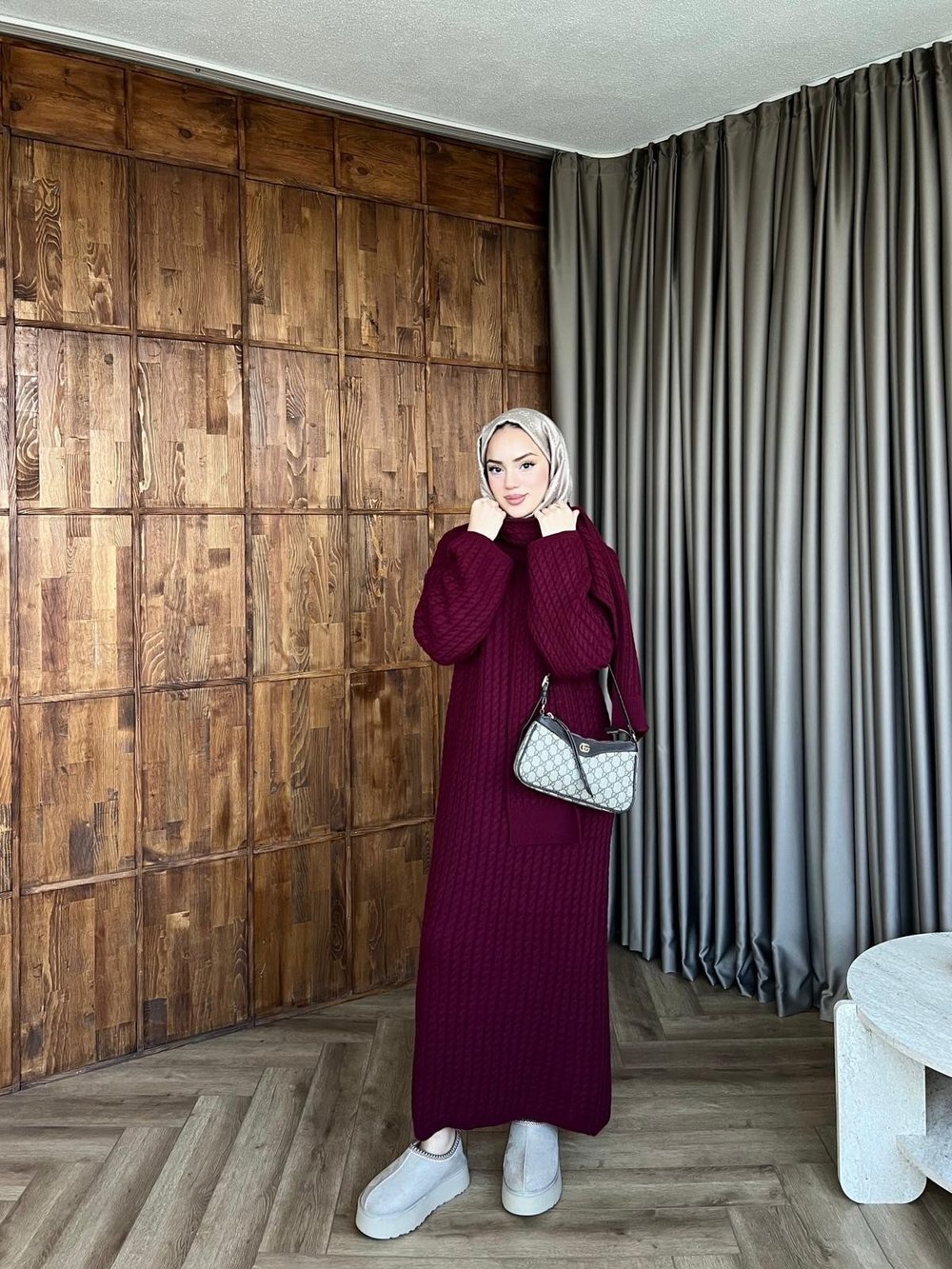 Atkılı Triko Elbise - Bordo